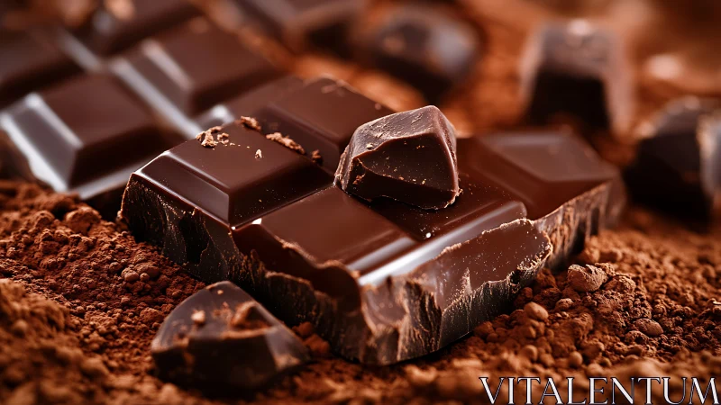Macro close-up of dark chocolate bars on loose cocoa powder