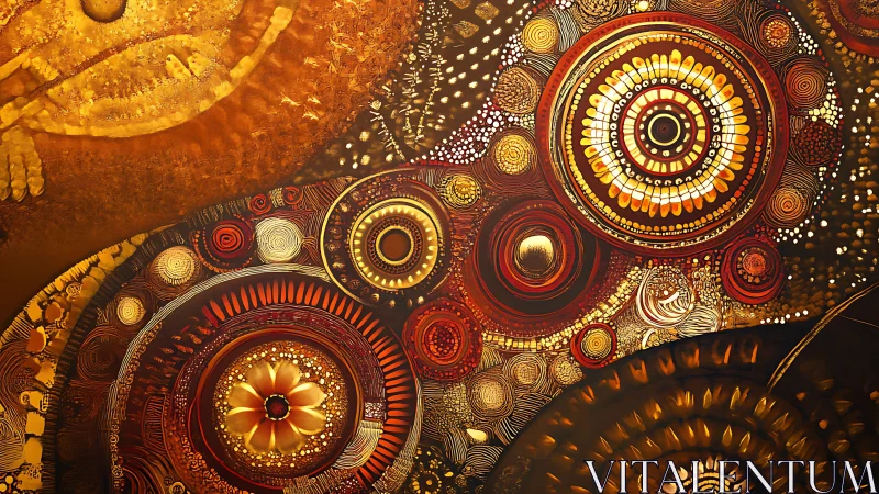 Circular abstract pattern in warm metallic tones on canvas.