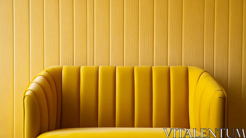 Sunlit mustard lounge chair against vertical panel glow.