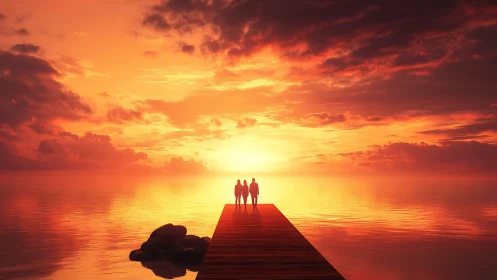 Sunset stroll with friends on a glowing lakeside pier.