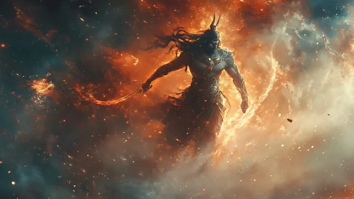 Mythic fire warrior strides through swirling cosmic flames