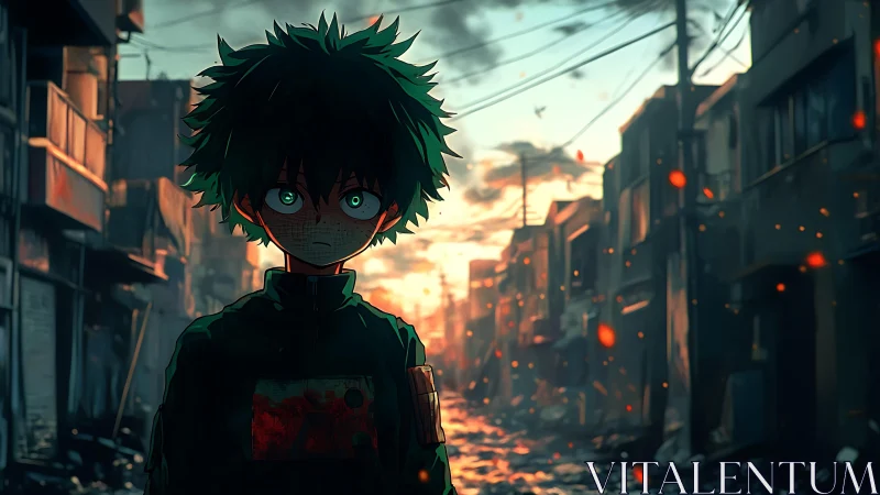 Somber green haired boy stands in a glowing ruined street