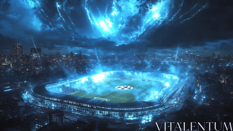 Electric night sky crowns a glowing city football stadium