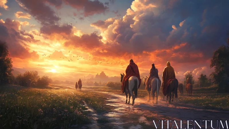 Riders cross glowing meadow path under storm-lit sunset sky