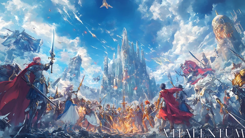 Epic high-fantasy armies clash before radiant sky citadel