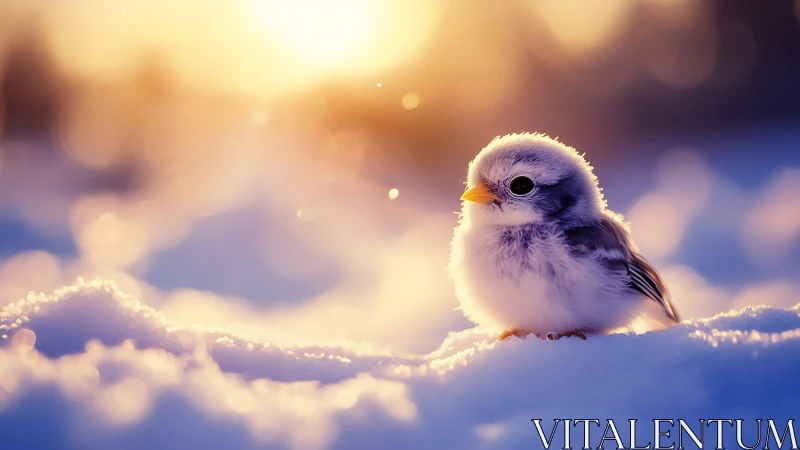 Fluffy baby bird in snowy landscape at sunrise, soft dreamy style.