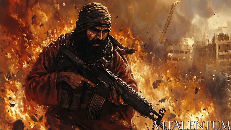 Armed figure in urban explosion with burning background.