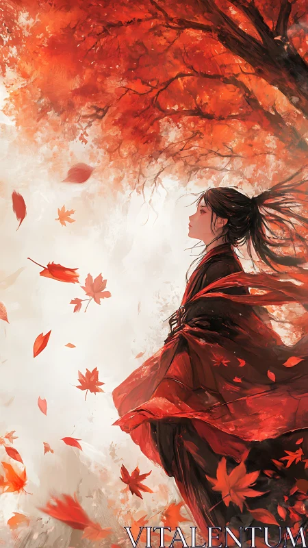 Autumn warrior in crimson kimono beneath swirling maple canopy.