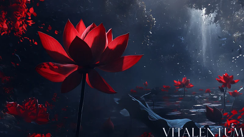 Red lotus flowers in dim forest pond with falling water.