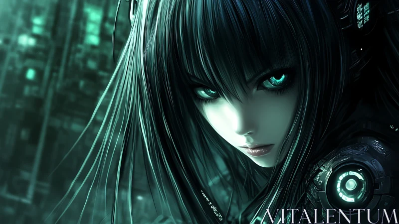 Cybernetic girl with glowing teal eyes in dark profile