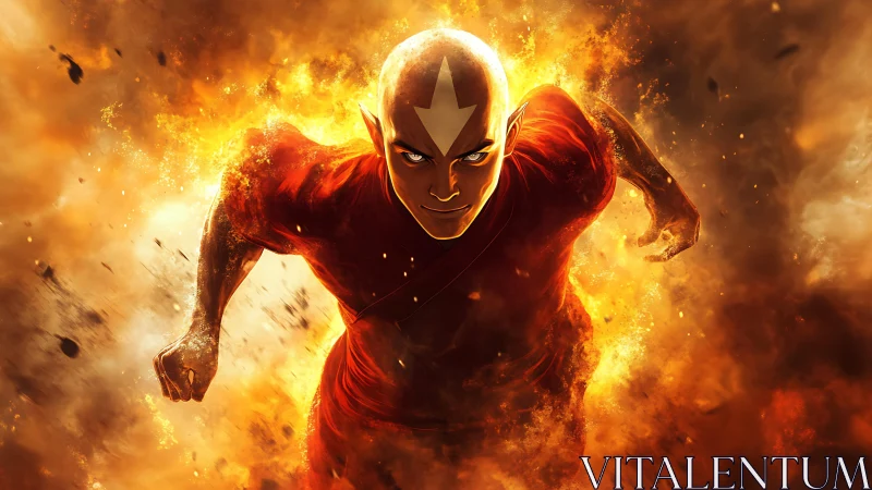 Monk warrior charging through incandescent fire vortex.