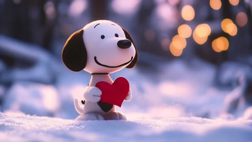 Snoopy Holds Red Heart in Snowy Winter Wonderland