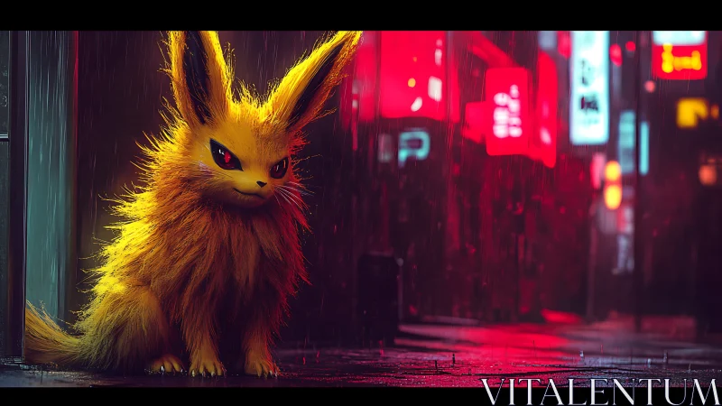 Electric fox creature in neon city rain at night.