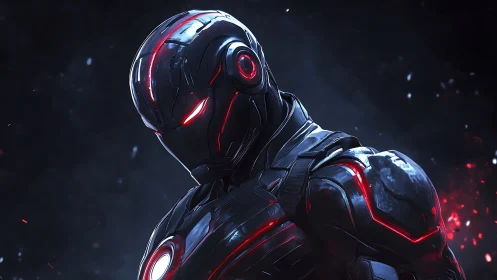 Armored cybernetic warrior in dark red-lit exosuit.