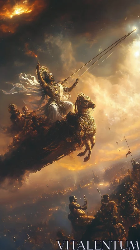 Radiant celestial warrior guiding a golden chariot skyward.