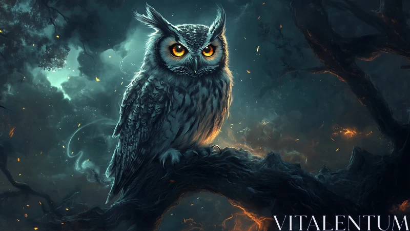 Digital owl illustration shows perched bird amid dark forest