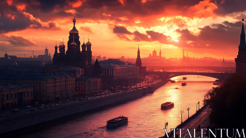 Sunset riverfront cityscape with luminous architectural silhouettes.