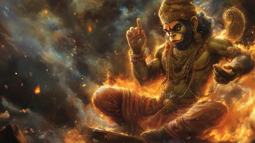 Mythic monkey warrior seated in flames with ornate jewelry.