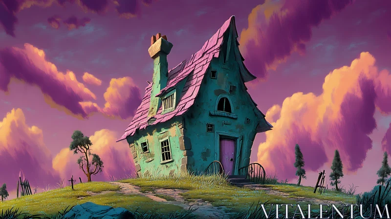 Whimsically skewed cottage under saturated magenta cumuliform sky.