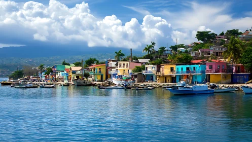 Colorful Caribbean harbor village basks under towering clouds