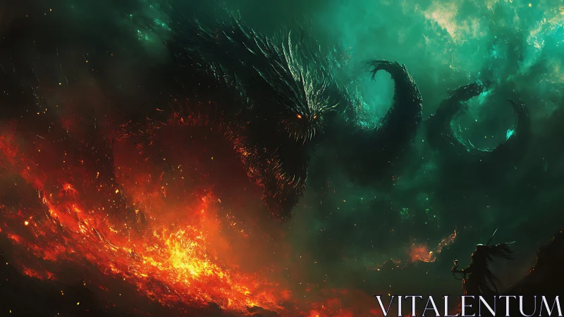 Colossal cosmic leviathan emerges over molten infernal landscape