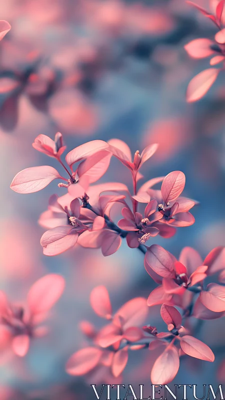 Close-up of pink foliage on soft blue blurred background.