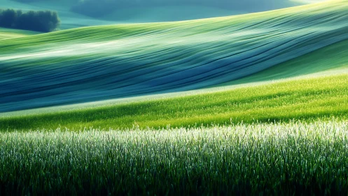 Sunlit green hills rolling in gentle, dreamy waves.