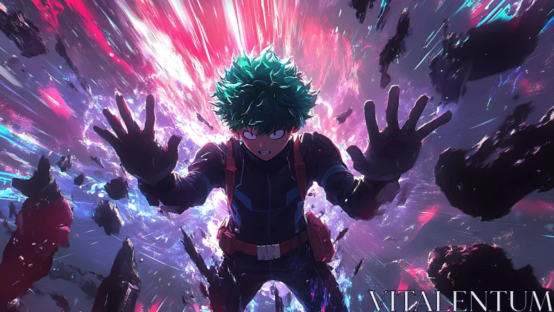 Cosmic green‑haired hero dives through neon shockwaves.
