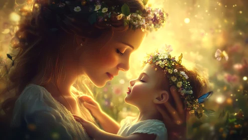 Two figures with floral crowns in golden light composition