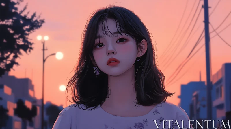 Sunset city street frames a contemplative anime girl portrait.