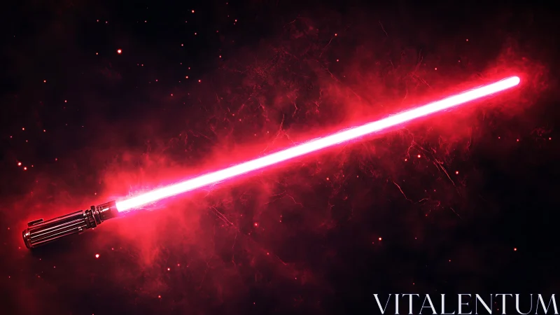 Red plasma energy sword with metallic hilt in dark nebula field