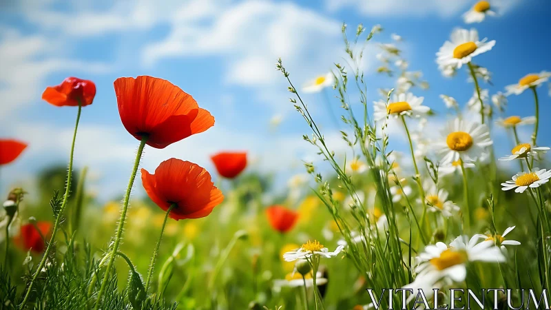 Wildflower Field Composition with Red Poppies and Daisies.