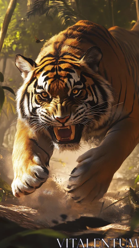 Charging tiger in sunlit jungle with explosive motion blur.