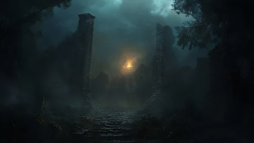 Stone ruins frame distant fire under stormy night sky