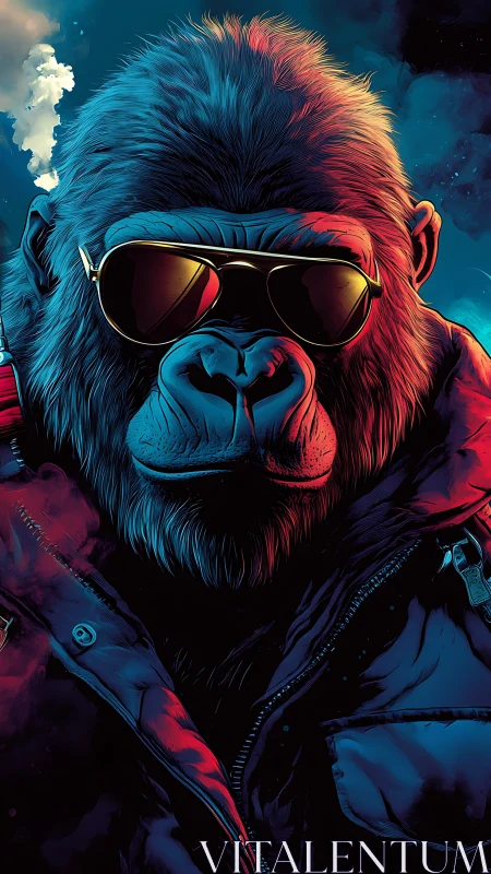 Neon-bathed gorilla portrait in stylized cyberpunk render.