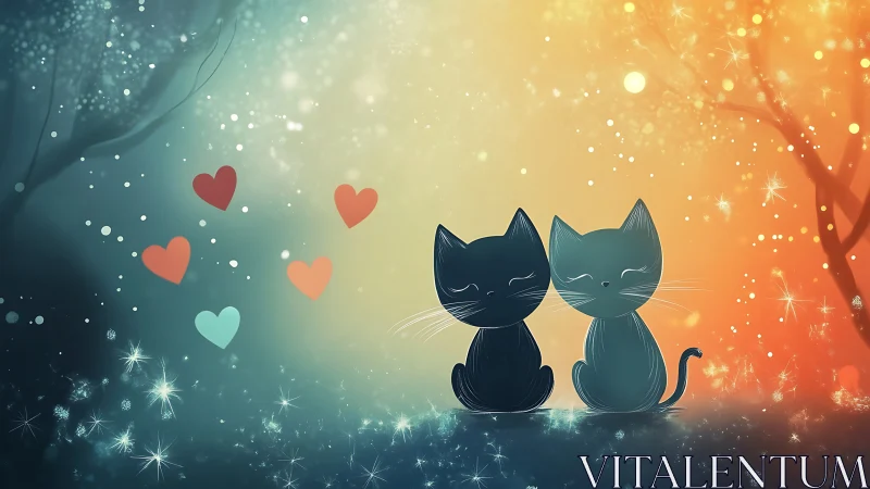 Two Silhouetted Cats Against Gradient Bokeh with Floating Hearts.