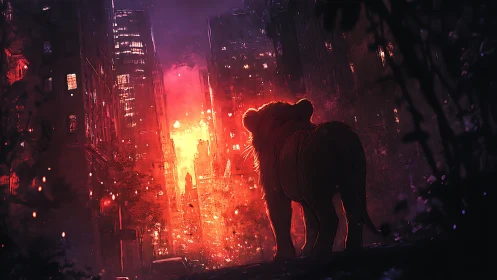 Colossal Primate Silhouette Towering Above Incandescent Urban Canyon.