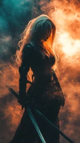 Warrior woman silhouette in colored smoke with sword drawn.