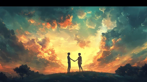 Two silhouetted figures unite beneath a blazing sunset sky.