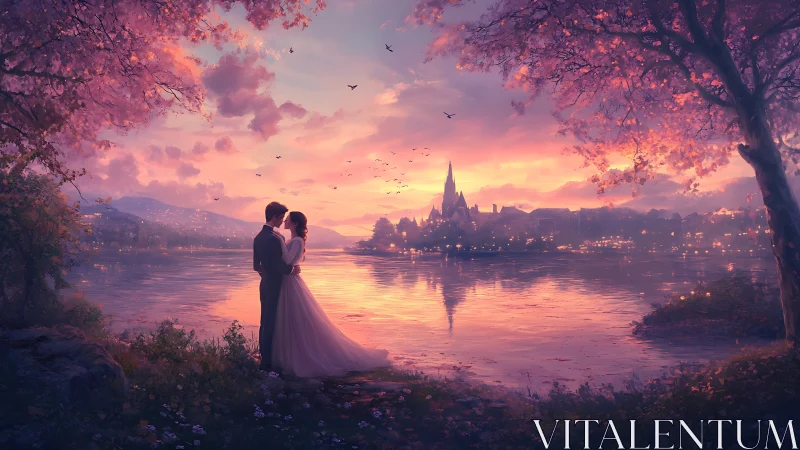 Couple Embracing at Sunset by Lake with Gothic Castle Silhouette
