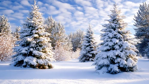Snow laden evergreen forest under crisp winter daylight.