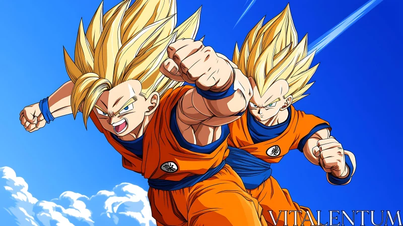 Blazing-haired warriors rocket punch through sapphire skies.