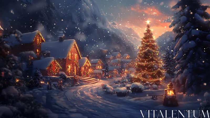 Snowlit village Christmas tree glowing in twilight hush.