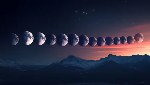 Lunar eclipse sequence over twilight mountain horizon.