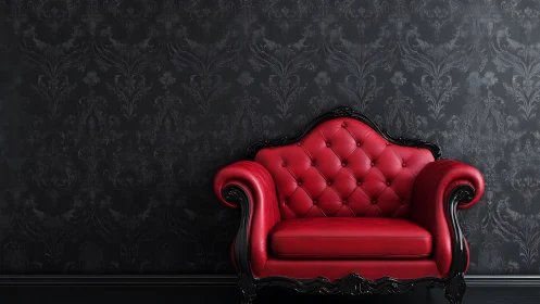 Red baroque armchair contrasts with dark damask wall