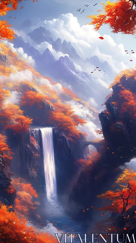 Autumn mountains cascade around luminous waterfall gorge.