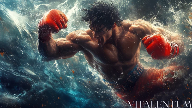 Boxer in Red Gloves Executing Fighting Stance Against Water Backdrop