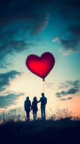 Three Hearts Ascending: Silhouettes Clasping Oversized Love Balloon