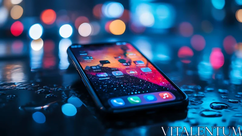 Glowing smartphone resting on rainy city street at night.