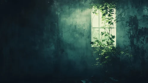 Sunlit overgrown window breaks through decayed dark room.